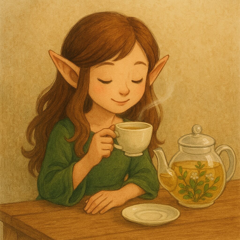 木のテーブルに座ったエルフの少女がハーブティーをゆったりと味わい、ポットとカップが並ぶ穏やかな情景 An elf girl sitting at a wooden table enjoying herbal tea, with a teapot and cup creating a peaceful scene