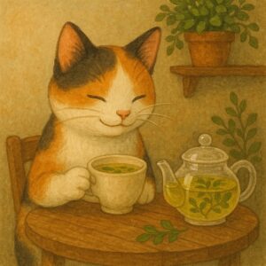 木のテーブルに座った三毛猫が目を細めてハーブティーを楽しみ、横にはガラスのポットが置かれている
A calico cat sitting at a wooden table enjoying herbal tea, with a glass teapot placed beside it