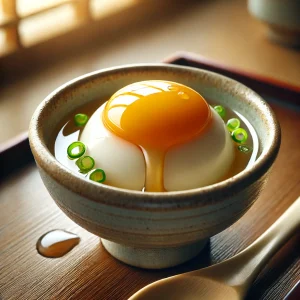 とろりと流れる黄身とネギが添えられた温泉卵が木製トレイの上に並ぶ
Hot spring egg with runny yolk and scallions presented on a wooden tray in a rustic setting