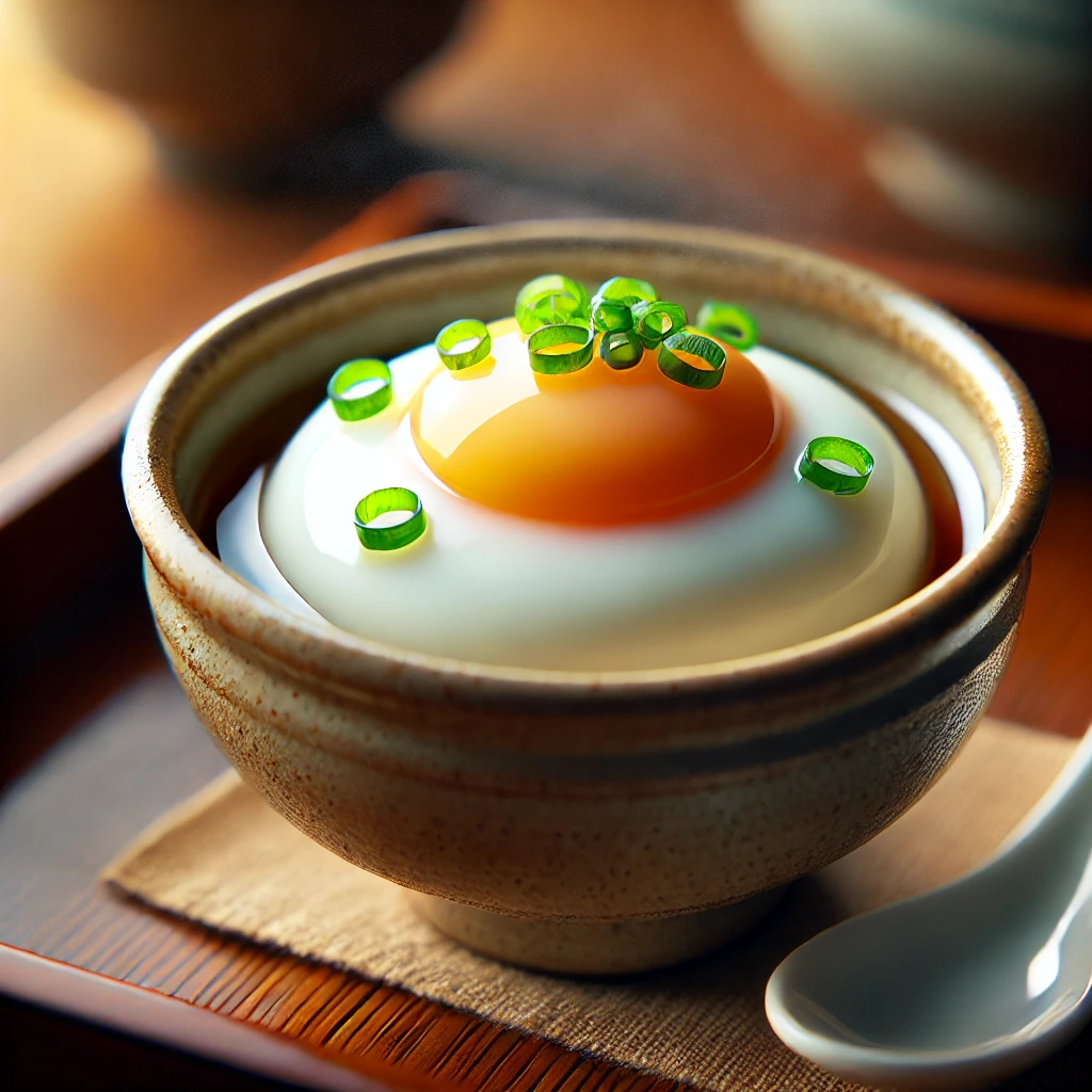 とろける黄身とネギをのせた温泉卵が和風の器に丁寧に盛りつけられている Onsen tamago with soft yolk and chopped scallions beautifully served in a traditional Japanese bowl