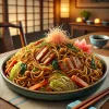 香ばしく炒められた焼きそばが美しく盛られ、紅しょうがと共に和室で提供される Beautifully plated yakisoba with a savory aroma, served with pickled ginger in a traditional Japanese room