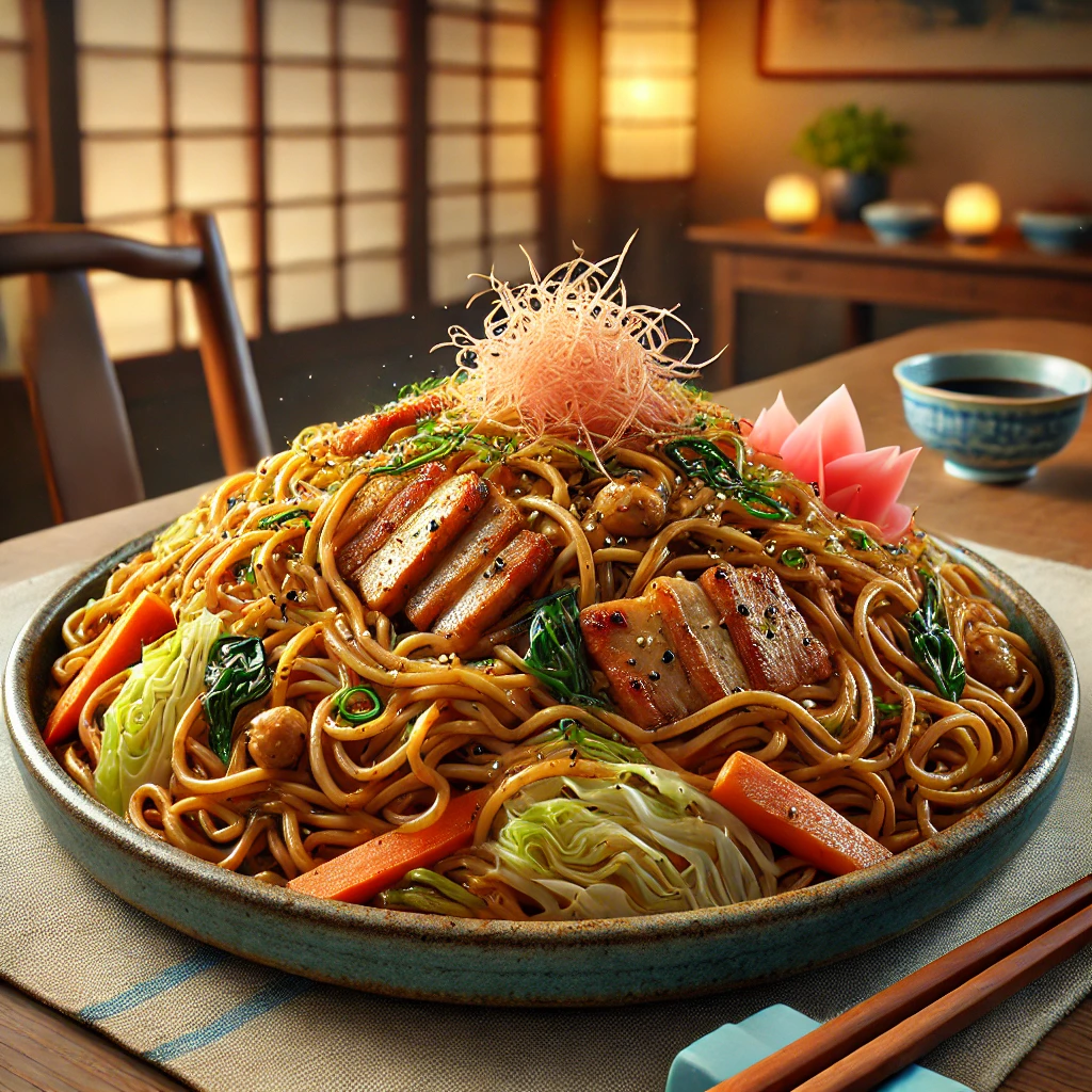 香ばしく炒められた焼きそばが美しく盛られ、紅しょうがと共に和室で提供される Beautifully plated yakisoba with a savory aroma, served with pickled ginger in a traditional Japanese room