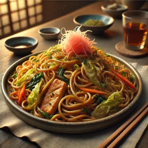 野菜と肉がたっぷり入った焼きそば、温かな照明の中で食欲をそそる盛り付け Yakisoba loaded with vegetables and meat, presented under warm lighting in an inviting atmosphere