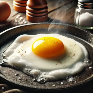 湯気が立ちのぼる熱々の鉄フライパンで焼かれた半熟の目玉焼き
Half-cooked fried egg sizzling in a hot iron skillet with visible steam rising