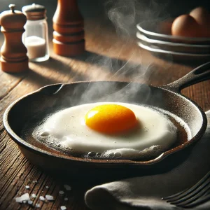 テーブルに置かれたスキレットで焼かれた目玉焼き、香ばしい朝の一皿
Sunny-side-up egg cooked in a skillet, served on a rustic table for a hearty breakfast moment