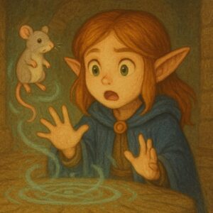 精霊召喚に成功したと思ったらネズミを召喚してしまった召喚士のかわいい女の子エルフのイラスト。/
An illustration of a cute elf girl summoner who accidentally summoned a mouse instead of a powerful spirit.