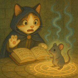 精霊召喚に成功したと思ったらネズミを召喚してしまった召喚士の三毛猫のイラスト。/ An illustration of a summoner calico cat who accidentally summoned a mouse instead of a powerful spirit.