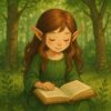 緑豊かな森の中で本を読んでいる長い髪のエルフの少女が微笑んでいる様子 A long-haired elf girl smiling while reading a book in a lush green forest