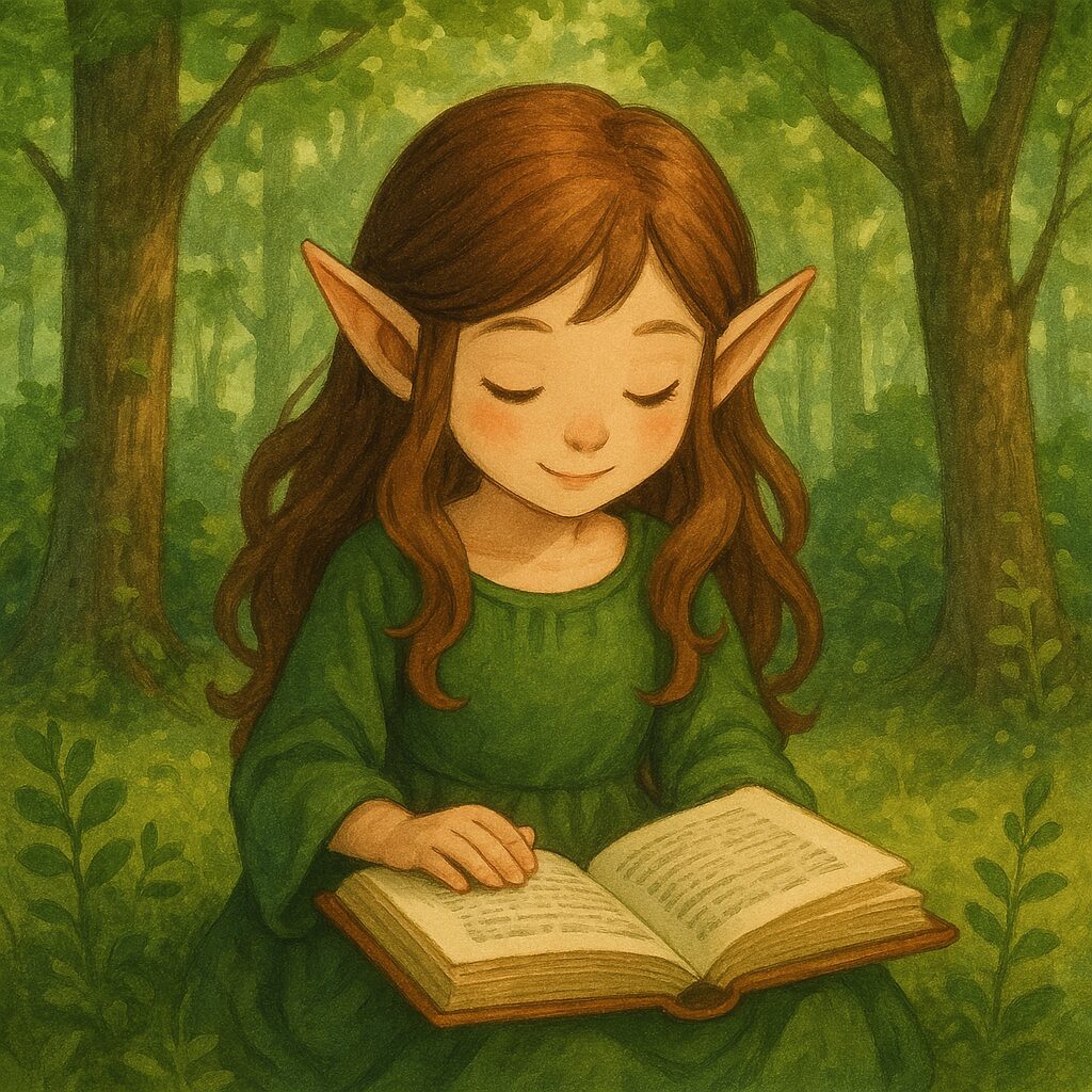 緑豊かな森の中で本を読んでいる長い髪のエルフの少女が微笑んでいる様子 A long-haired elf girl smiling while reading a book in a lush green forest