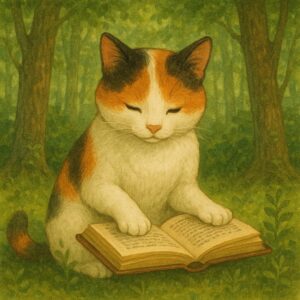 緑の森の中で本を前に座り、前足を本に添えている三毛猫の愛らしい姿
A calico cat sitting in a green forest with its paws on an open book, looking adorable