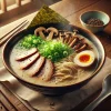 クリーミーなスープにチャーシューやきくらげがトッピングされた濃厚豚骨ラーメン Rich tonkotsu ramen with creamy broth topped with chashu pork, kikurage mushrooms, and scallions