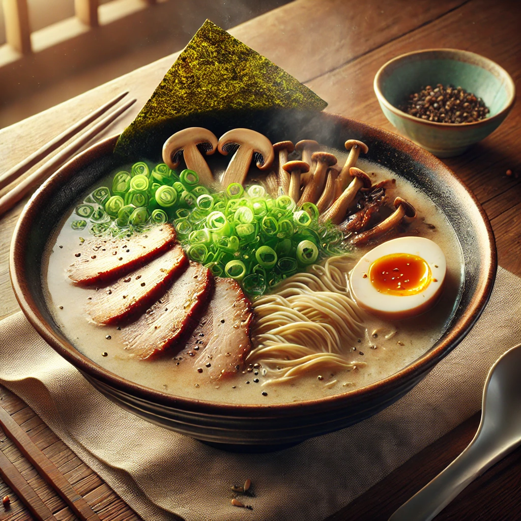 クリーミーなスープにチャーシューやきくらげがトッピングされた濃厚豚骨ラーメン Rich tonkotsu ramen with creamy broth topped with chashu pork, kikurage mushrooms, and scallions