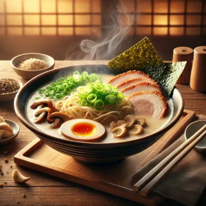 湯気の立ち上る豚骨ラーメン、障子の明かりと和の雰囲気が調和した一杯 Steaming bowl of tonkotsu ramen in a traditional Japanese setting with warm shoji lighting