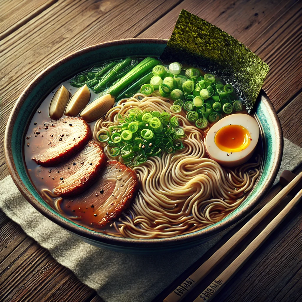 味玉、チャーシュー、ねぎが彩る王道の醤油ラーメン、木の卓上に丁寧に盛り付けられている Classic shoyu ramen with soft-boiled egg, chashu pork, and scallions, beautifully arranged on a wooden table