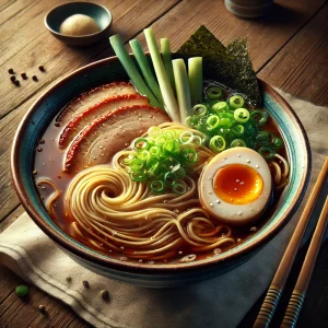 濃い醤油スープに香味油が広がる一杯、薬味と具材がバランスよく盛られたラーメン A bowl of shoyu ramen with rich soy sauce broth and aromatic oil, topped with well-balanced garnishes and ingredients