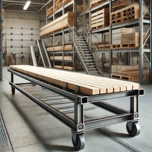 木材が載せられたスチール製の長尺用台車が倉庫内に置かれている
A steel long trolley loaded with lumber is placed inside a warehouse
