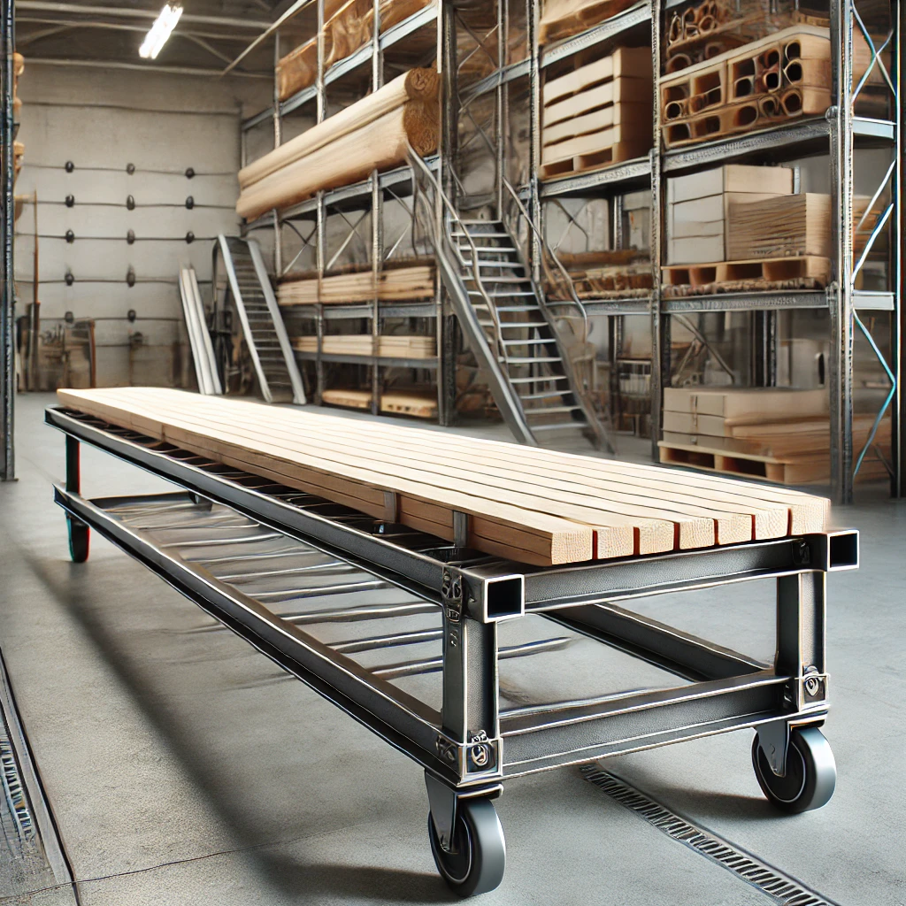 木材が載せられたスチール製の長尺用台車が倉庫内に置かれている A steel long trolley loaded with lumber is placed inside a warehouse