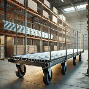 金属パイプを積載した長尺用台車が倉庫の通路に配置されている
A long trolley carrying metal pipes is positioned in an aisle of the warehouse