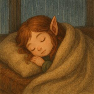 ChatGPT: 毛布にくるまったエルフの少女が雨音を聞きながら安らかに眠っている温かな情景 An elf girl wrapped in a blanket sleeping peacefully while listening to the sound of rain