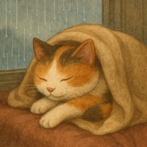 毛布にくるまって雨音を聞きながら眠る三毛猫の安らかな姿
A calico cat wrapped in a blanket sleeping peacefully while listening to the sound of rain