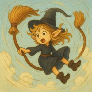 魔法のほうきに振り回されながら空を飛ぶ魔女見習いのかわいい女の子エルフのイラスト。/
An illustration of a cute elf girl apprentice witch being spun around while flying on a magical broom.