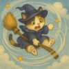 魔法のほうきに振り回されながら空を飛ぶ魔女見習いの三毛猫のイラスト。/ An illustration of an apprentice witch calico cat being spun around while flying on a magical broom.