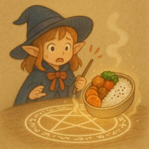 魔法陣を間違えてお弁当を召喚してしまったかわいい魔法使いの女の子エルフのイラスト。/
An illustration of a cute elf girl wizard who mistakenly summons a bento box with the wrong magic circle.