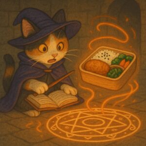 魔法陣を間違えてお弁当を召喚してしまった魔法使いの三毛猫。/ A wizard calico cat who accidentally summoned a bento box with the wrong magic circle.