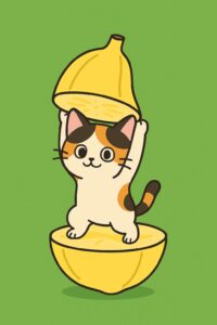 バナナの中から片手を上げて立つ可愛い三毛猫のイラスト、明るく親しみやすいポップなキャラクターデザイン / Cute calico cat illustration standing inside a banana while raising one paw, bright and friendly pop-style character design