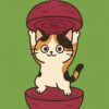 ビーツの中から両手を上げて立つ可愛い三毛猫のイラスト、深みのある赤色が印象的なポップで親しみやすいキャラクターデザイン / Cute calico cat illustration standing inside a beet with both paws raised, rich red tones and friendly pop-style character design