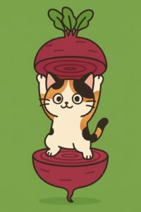 ビーツの中から両手を上げて立つ可愛い三毛猫のイラスト、深みのある赤色が印象的なポップで親しみやすいキャラクターデザイン / Cute calico cat illustration standing inside a beet with both paws raised, rich red tones and friendly pop-style character design