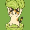 キャベツの中から両手を上げて立つ可愛い三毛猫のイラスト、爽やかな緑色が印象的なポップで親しみやすいキャラクターデザイン / Cute calico cat illustration standing inside a cabbage with both paws raised, fresh green and friendly pop-style character design