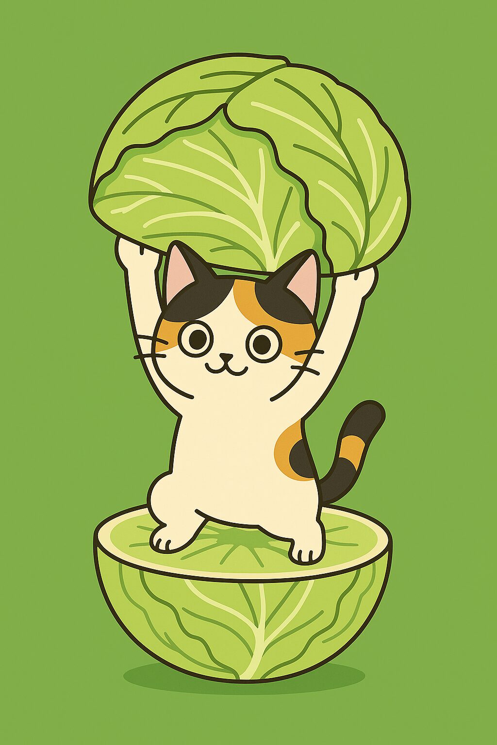 キャベツの中から両手を上げて立つ可愛い三毛猫のイラスト、爽やかな緑色が印象的なポップで親しみやすいキャラクターデザイン / Cute calico cat illustration standing inside a cabbage with both paws raised, fresh green and friendly pop-style character design