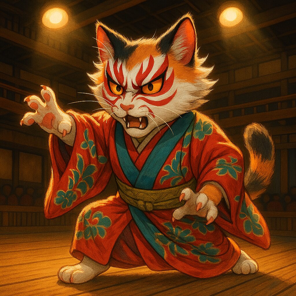 歌舞伎の隈取を施した三毛猫が舞台で迫力ある見得を切る様子を描いたイラストです A calico cat with bold Kabuki makeup striking a powerful mie pose on a traditional Kabuki stage.