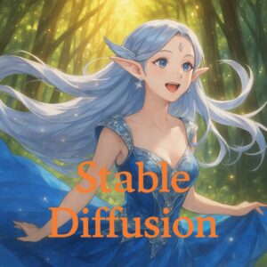 銀髪の美しいエルフが森の中で微笑むStable Diffusion生成イラスト / Stable Diffusion generated illustration of a beautiful silver-haired elf smiling in the forest