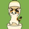 大根の中から立ち上がる可愛い三毛猫のイラスト、和風で爽やかな印象のポップなキャラクターデザイン / Cute calico cat illustration standing inside a daikon radish, clean and Japanese-inspired friendly pop-style character design