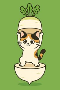 大根の中から立ち上がる可愛い三毛猫のイラスト、和風で爽やかな印象のポップなキャラクターデザイン / Cute calico cat illustration standing inside a daikon radish, clean and Japanese-inspired friendly pop-style character design