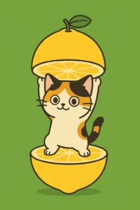 レモンの中から両手を上げて立つ可愛い三毛猫のイラスト、爽やかで明るい雰囲気のポップなキャラクターデザイン / Cute calico cat illustration standing inside a lemon with both paws raised, fresh and cheerful pop-style character design