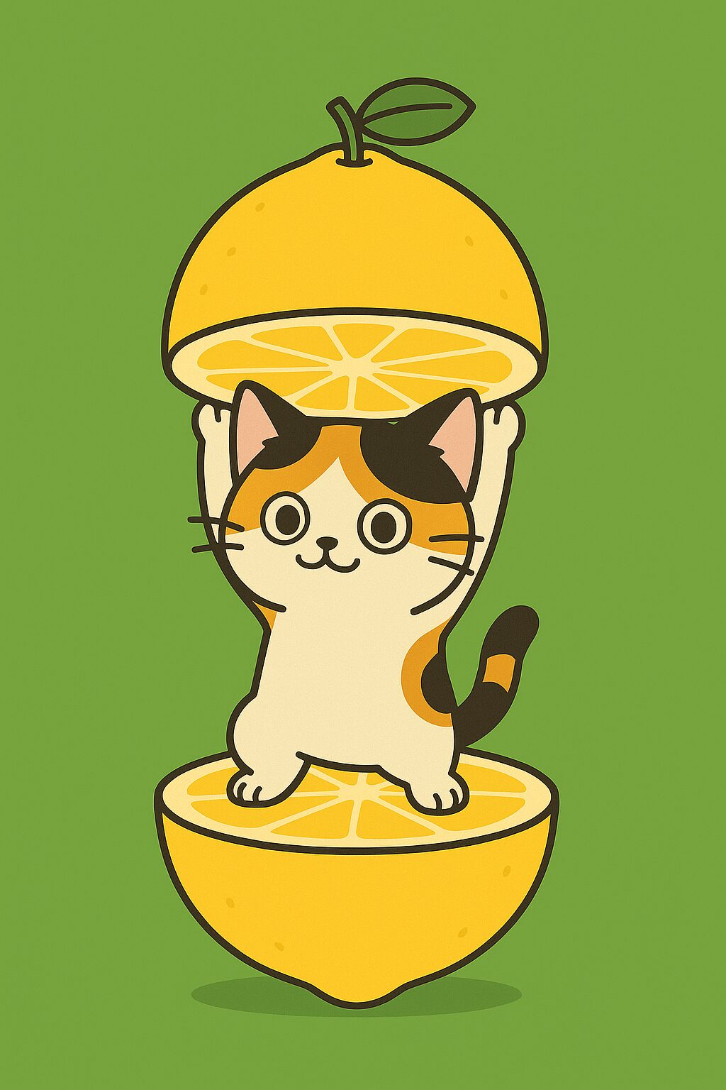 レモンの中から両手を上げて立つ可愛い三毛猫のイラスト、爽やかで明るい雰囲気のポップなキャラクターデザイン / Cute calico cat illustration standing inside a lemon with both paws raised, fresh and cheerful pop-style character design