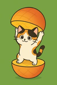 マンゴーの中から片手を上げて立つ可愛い三毛猫のイラスト、南国感のある明るくポップなキャラクターデザイン / Cute calico cat illustration standing inside a mango while raising one paw, bright and tropical pop-style character design