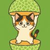 メロンの中からちょこんと立つ可愛い三毛猫のイラスト、優しい色合いのポップで親しみやすいキャラクターデザイン / Cute calico cat illustration standing adorably inside a melon, soft-colored and friendly pop-style character design