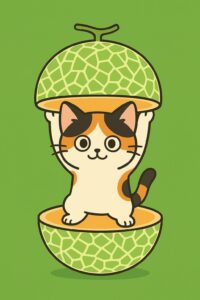 メロンの中からちょこんと立つ可愛い三毛猫のイラスト、優しい色合いのポップで親しみやすいキャラクターデザイン / Cute calico cat illustration standing adorably inside a melon, soft-colored and friendly pop-style character design