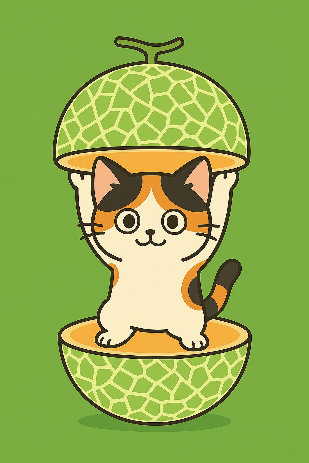 メロンの中からちょこんと立つ可愛い三毛猫のイラスト、優しい色合いのポップで親しみやすいキャラクターデザイン / Cute calico cat illustration standing adorably inside a melon, soft-colored and friendly pop-style character design