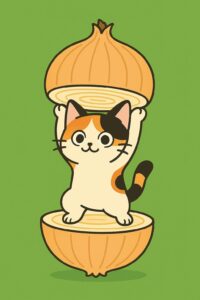 玉ねぎの中から立ち上がる可愛い三毛猫のイラスト、温かみのある色合いで親しみやすいポップなキャラクターデザイン / Cute calico cat illustration standing inside an onion, warm-toned and friendly pop-style character design