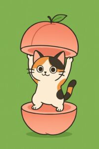 桃の中からちょこんと立つ可愛い三毛猫のイラスト、やさしい色合いで可愛らしいポップなキャラクターデザイン / Cute calico cat illustration standing adorably inside a peach, soft-colored and sweet pop-style character design