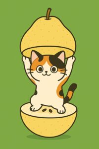 梨の中から両手を上げて立つ可愛い三毛猫のイラスト、やさしい色合いで親しみやすいポップなキャラクターデザイン / Cute calico cat illustration standing inside a pear with both paws raised, soft-colored and friendly pop-style character design