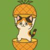 パイナップルの中から片手を上げて顔を出す可愛い三毛猫のイラスト、南国感のある明るくポップなキャラクターデザイン / Cute calico cat illustration raising one paw while popping out from inside a pineapple, bright and tropical pop-style character design