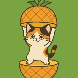 パイナップルの中から片手を上げて顔を出す可愛い三毛猫のイラスト、南国感のある明るくポップなキャラクターデザイン / Cute calico cat illustration raising one paw while popping out from inside a pineapple, bright and tropical pop-style character design