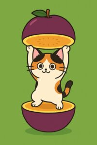 プラムの中から両手を上げて立つ可愛い三毛猫のイラスト、落ち着いた色合いで親しみやすいポップなキャラクターデザイン / Cute calico cat illustration standing inside a plum with both paws raised, calm-colored and friendly pop-style character design