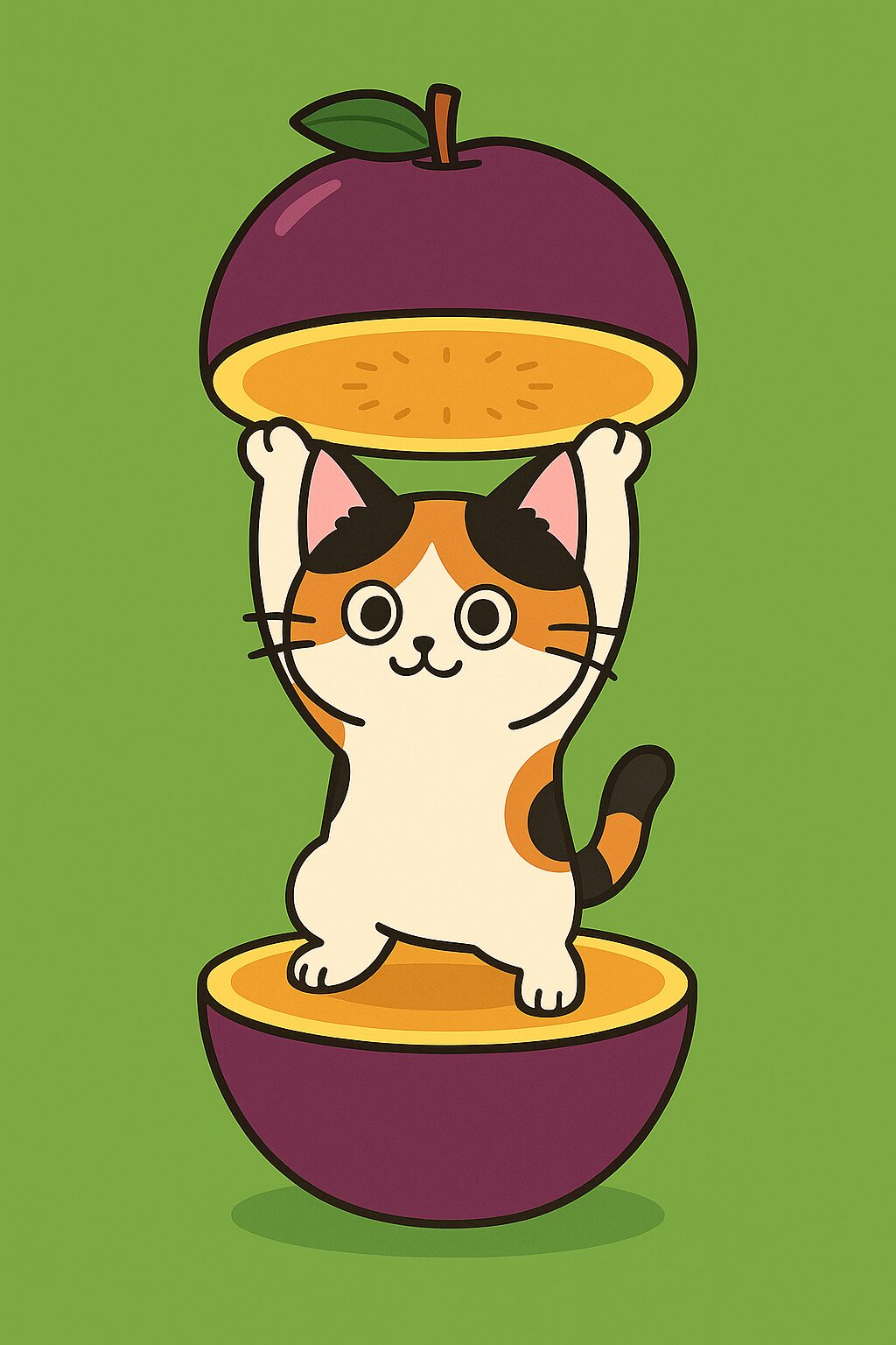 プラムの中から両手を上げて立つ可愛い三毛猫のイラスト、落ち着いた色合いで親しみやすいポップなキャラクターデザイン / Cute calico cat illustration standing inside a plum with both paws raised, calm-colored and friendly pop-style character design